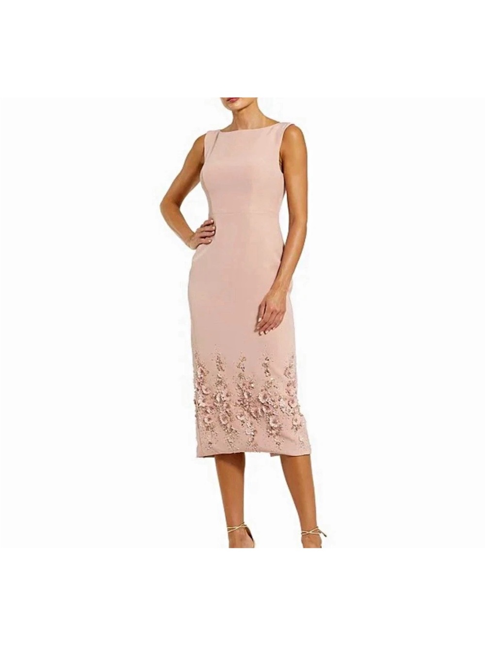 Sleeveless Blush Pink Midi Dress with Floral Embellishment